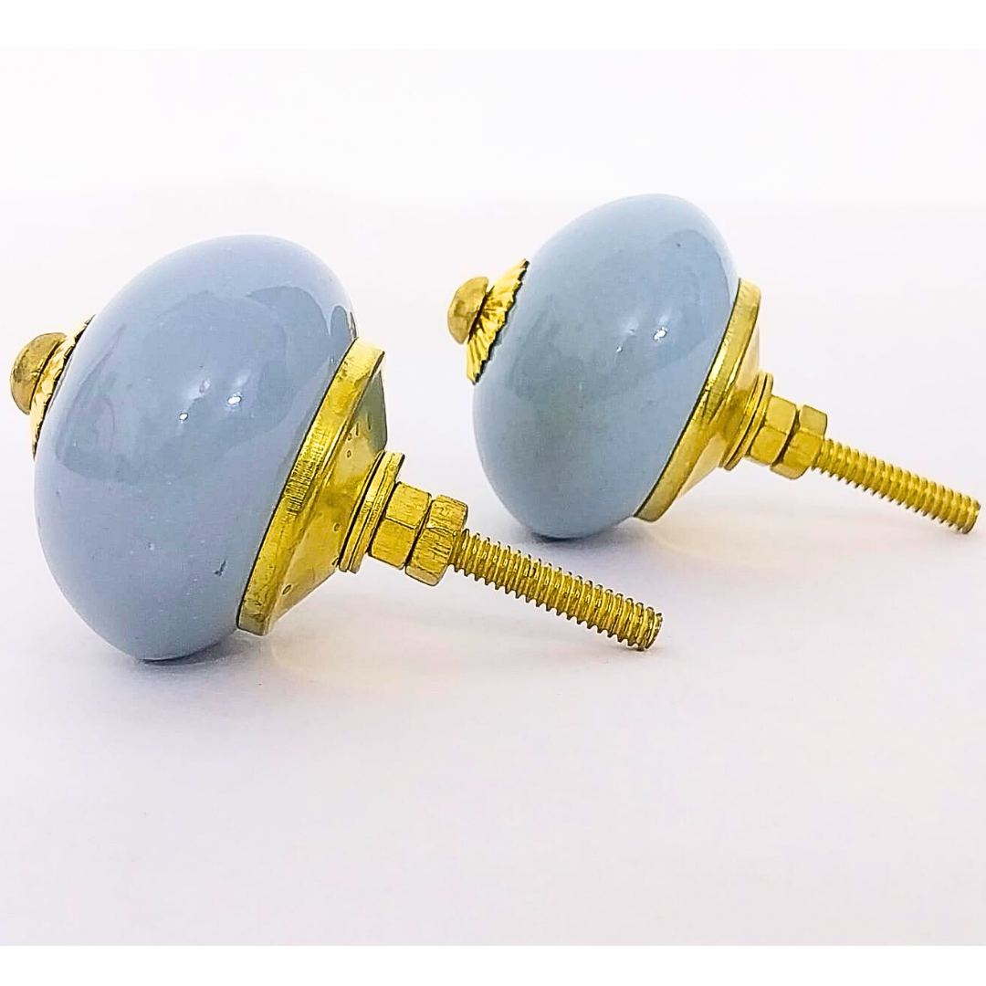 Ceramic Cabinet Knobs, Light Blue with Gold Hardware, Set of 6, Round Drawer Pulls (Rustic, Turquoise Color)