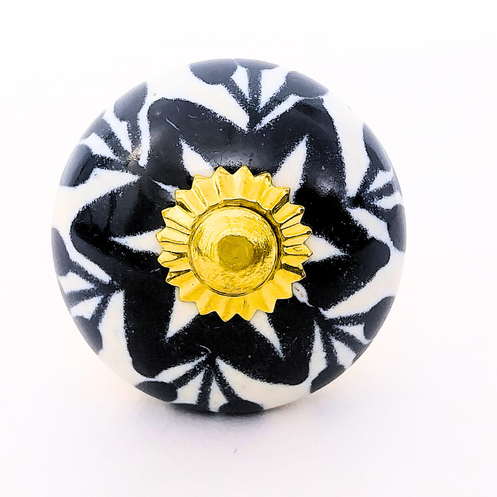 Decorative Ceramic Drawer Knobs, Black and White Floral Pattern with Gold Accents | Handcrafted Cabinet Door Pulls & Drawer Handles | Set of 6 for Dressers, Wardrobes & Cupboards