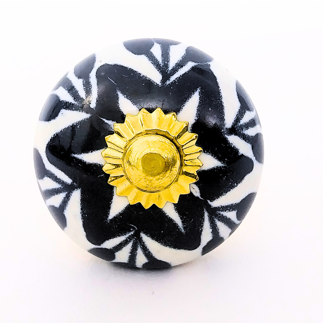 Decorative Ceramic Drawer Knobs, Black and White Floral Pattern with Gold Accents | Handcrafted Cabinet Door Pulls & Drawer Handles | Set of 6 for Dressers, Wardrobes & Cupboards