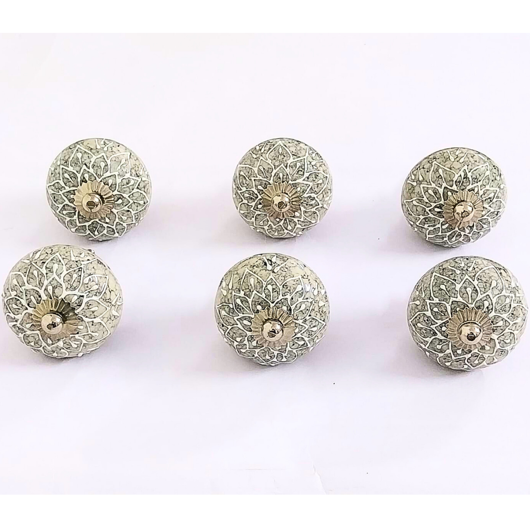 Decorative Glass Drawer Knobs, White Crackle Pattern, 6-Pack | Elegant Glass Cabinet Pulls with Metal Base | Vintage Style Handles for Drawers, Doors & Cupboards