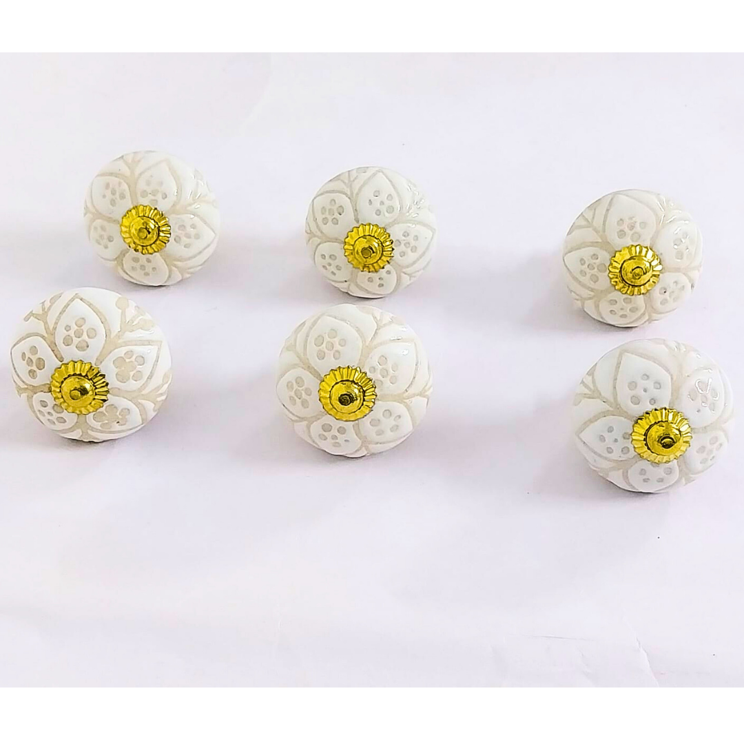 Decorative Ceramic Drawer Knobs | White Floral Pattern with Gold Accents | Handcrafted Cabinet Pull Handles | Set of 6 | Vintage Style Decorative Hardware for Drawers, Cupboards & Wardrobes