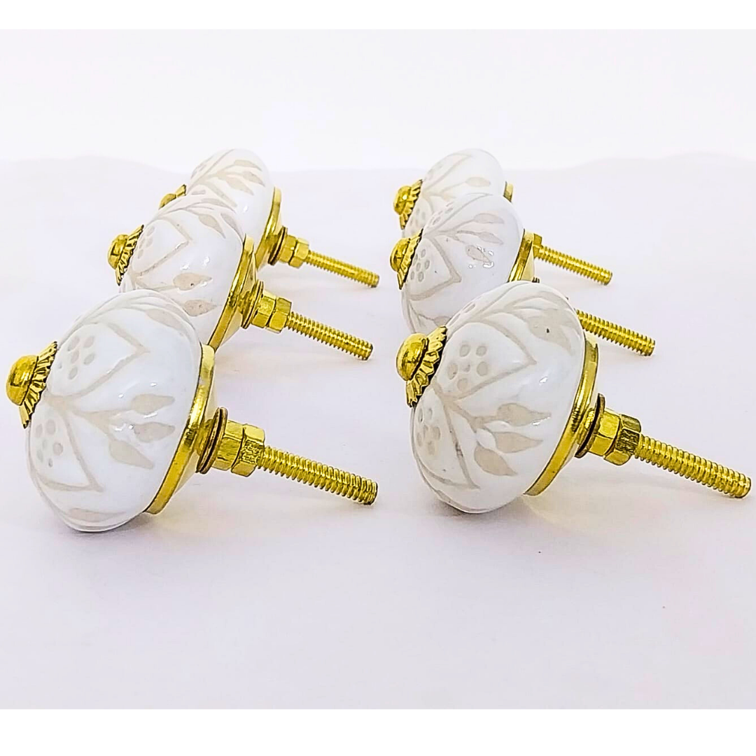Decorative Ceramic Drawer Knobs | White Floral Pattern with Gold Accents | Handcrafted Cabinet Pull Handles | Set of 6 | Vintage Style Decorative Hardware for Drawers, Cupboards & Wardrobes