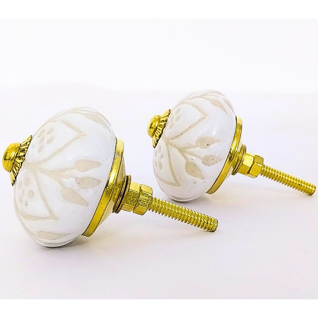 Decorative Ceramic Drawer Knobs | White Floral Pattern with Gold Accents | Handcrafted Cabinet Pull Handles | Set of 6 | Vintage Style Decorative Hardware for Drawers, Cupboards & Wardrobes