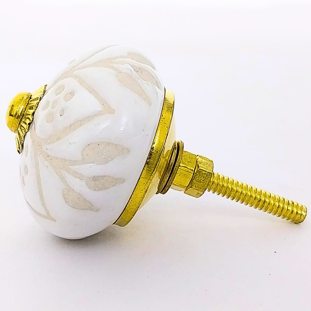 Decorative Ceramic Drawer Knobs | White Floral Pattern with Gold Accents | Handcrafted Cabinet Pull Handles | Set of 6 | Vintage Style Decorative Hardware for Drawers, Cupboards & Wardrobes