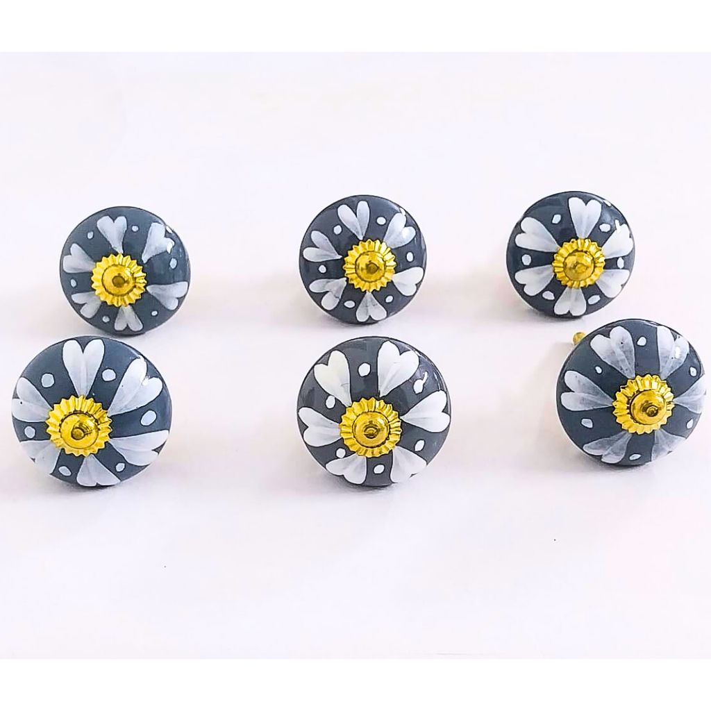 Decorative Ceramic Drawer Knobs, Grey and White Floral Design with Gold Hardware | Handcrafted Cabinet Drawer Pulls | Set of 6 for Wardrobes, Cupboards & Dressers