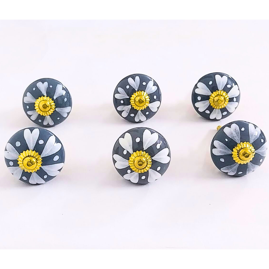 Decorative Ceramic Drawer Knobs, Grey and White Floral Design with Gold Hardware | Handcrafted Cabinet Drawer Pulls | Set of 6 for Wardrobes, Cupboards & Dressers