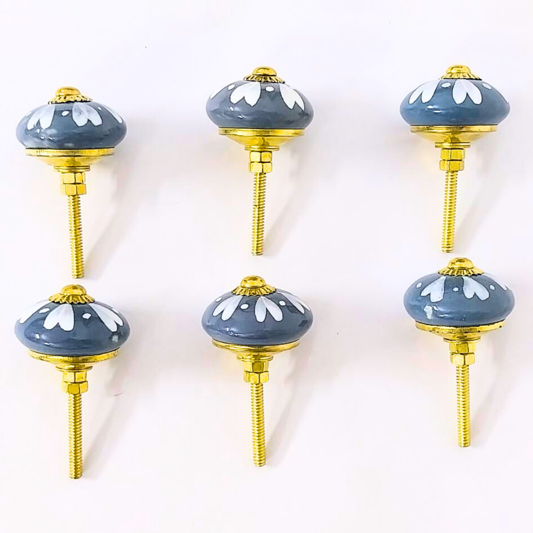 Decorative Ceramic Drawer Knobs, Grey and White Floral Design with Gold Hardware | Handcrafted Cabinet Drawer Pulls | Set of 6 for Wardrobes, Cupboards & Dressers