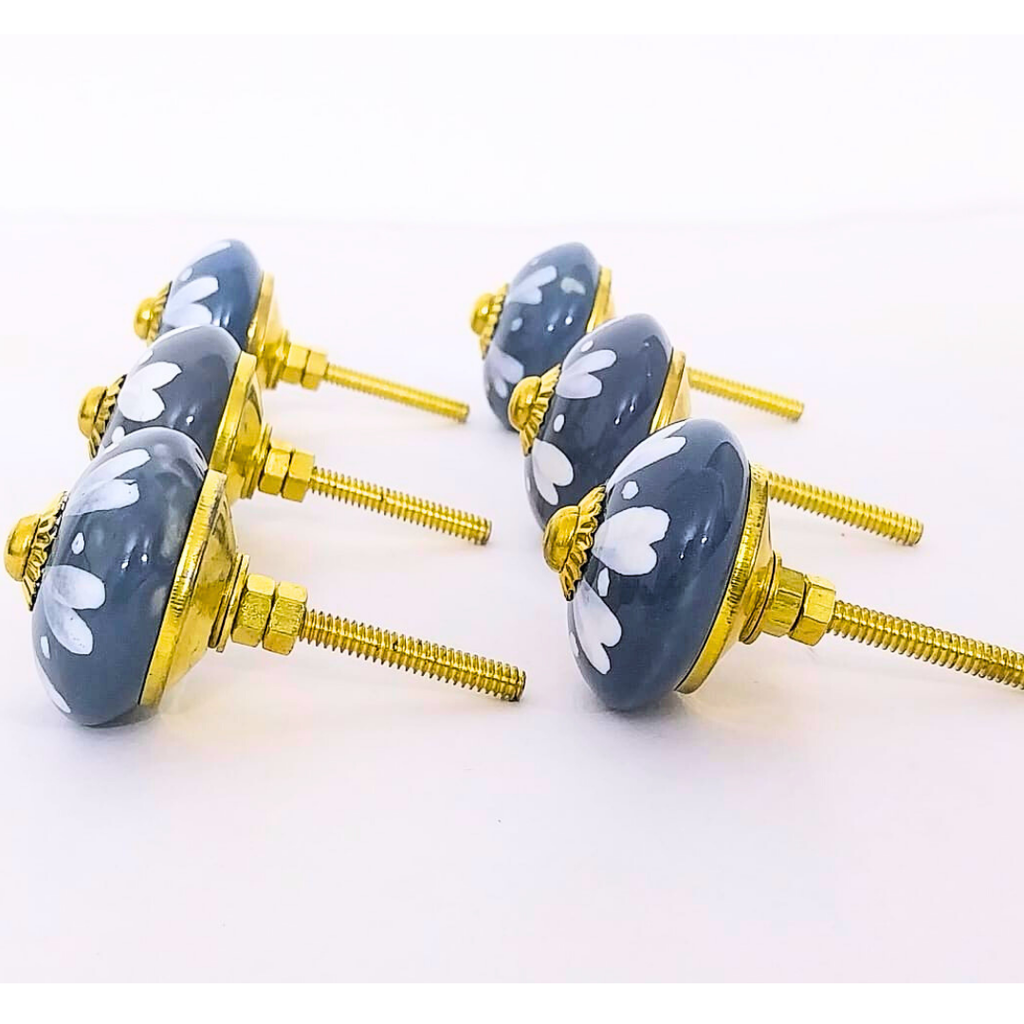 Decorative Ceramic Drawer Knobs, Grey and White Floral Design with Gold Hardware | Handcrafted Cabinet Drawer Pulls | Set of 6 for Wardrobes, Cupboards & Dressers