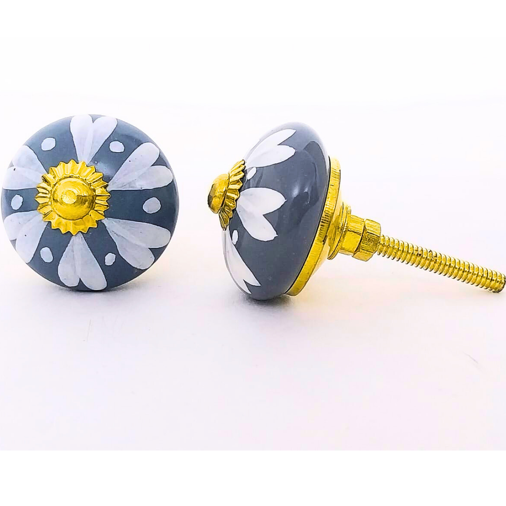 Decorative Ceramic Drawer Knobs, Grey and White Floral Design with Gold Hardware | Handcrafted Cabinet Drawer Pulls | Set of 6 for Wardrobes, Cupboards & Dressers
