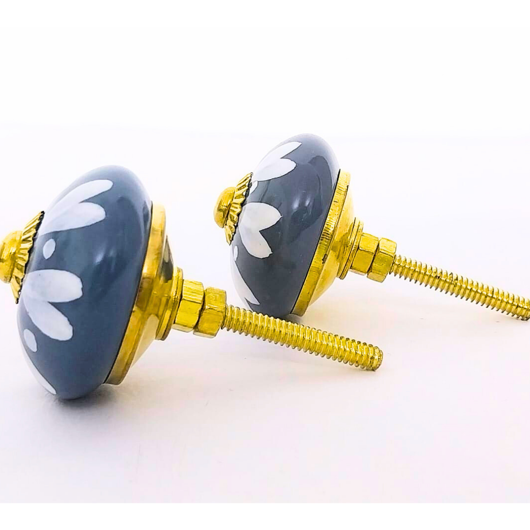 Decorative Ceramic Drawer Knobs, Grey and White Floral Design with Gold Hardware | Handcrafted Cabinet Drawer Pulls | Set of 6 for Wardrobes, Cupboards & Dressers