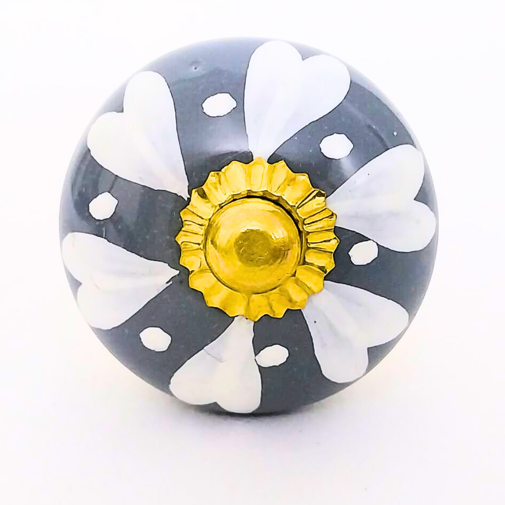 Decorative Ceramic Drawer Knobs, Grey and White Floral Design with Gold Hardware | Handcrafted Cabinet Drawer Pulls | Set of 6 for Wardrobes, Cupboards & Dressers