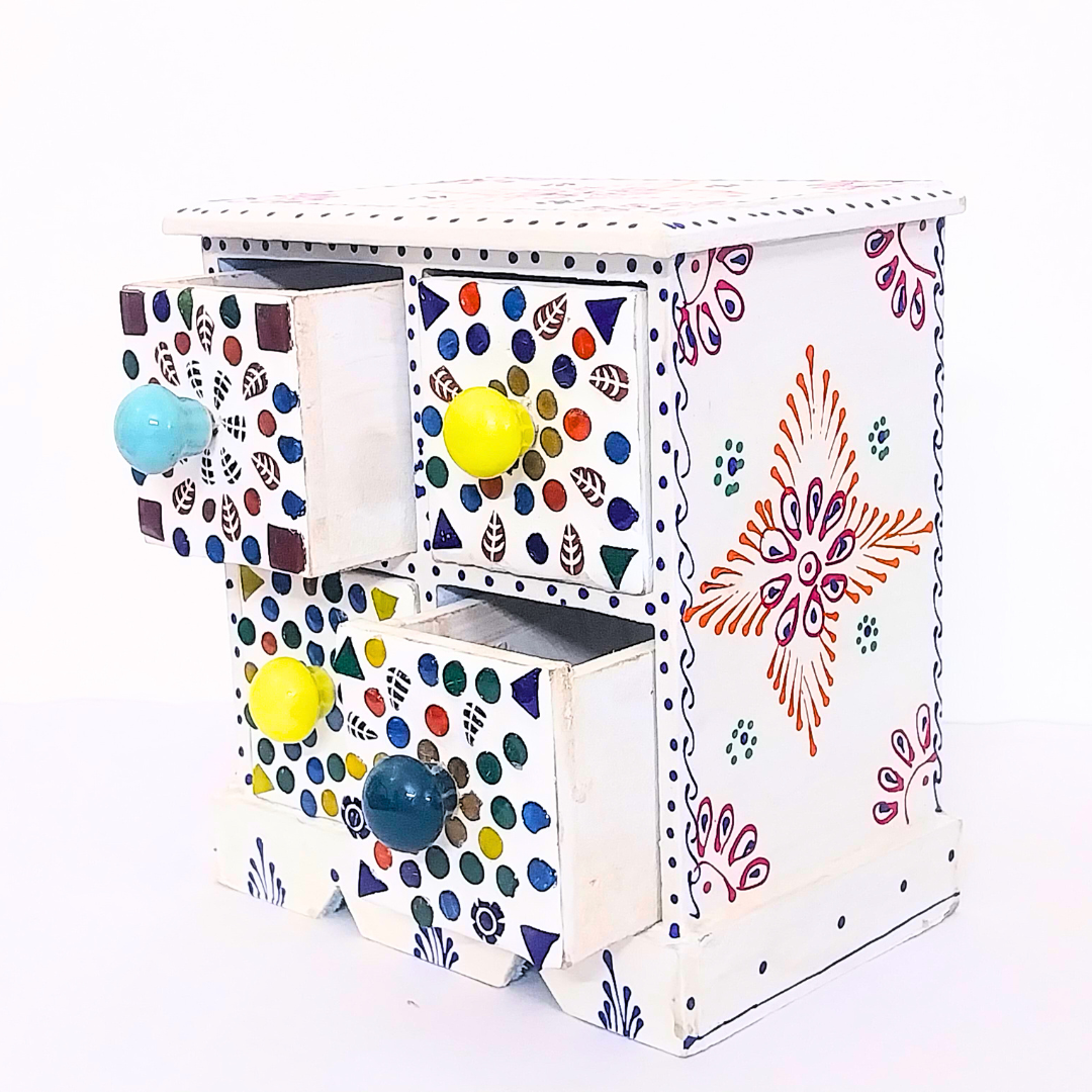 ALLY CRAFTS Decorative Storage Box | Colourful Mosaic Pattern | 4 Compartments | Small Size | White Wooden Organizer | 600g | 17x17x9 cm