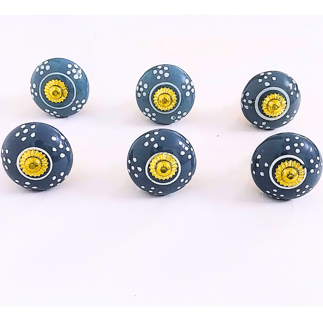 Decorative Ceramic Drawer Knobs, Blue with White Dots and Gold Hardware | Set of 6 Handcrafted Cabinet Pulls for Drawers, Cupboards & Wardrobes
