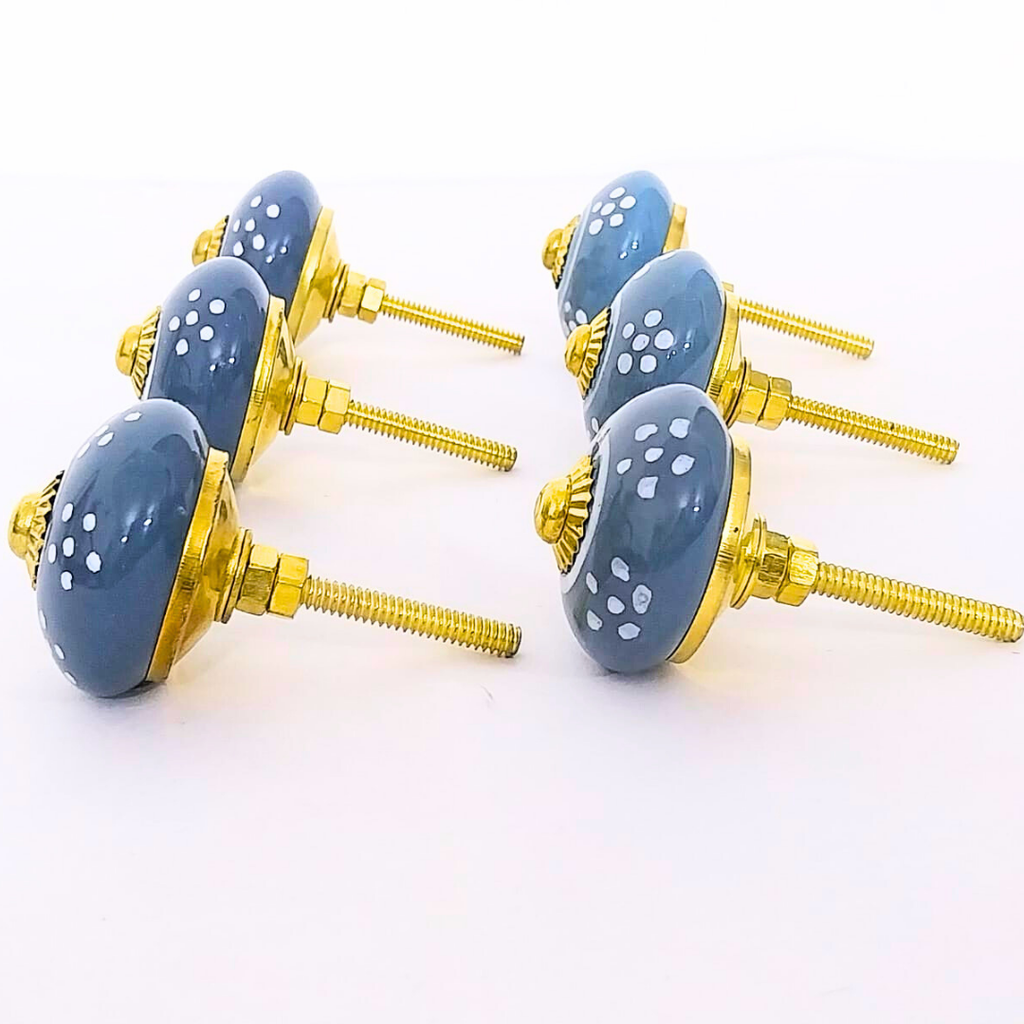 Decorative Ceramic Drawer Knobs, Blue with White Dots and Gold Hardware | Set of 6 Handcrafted Cabinet Pulls for Drawers, Cupboards & Wardrobes