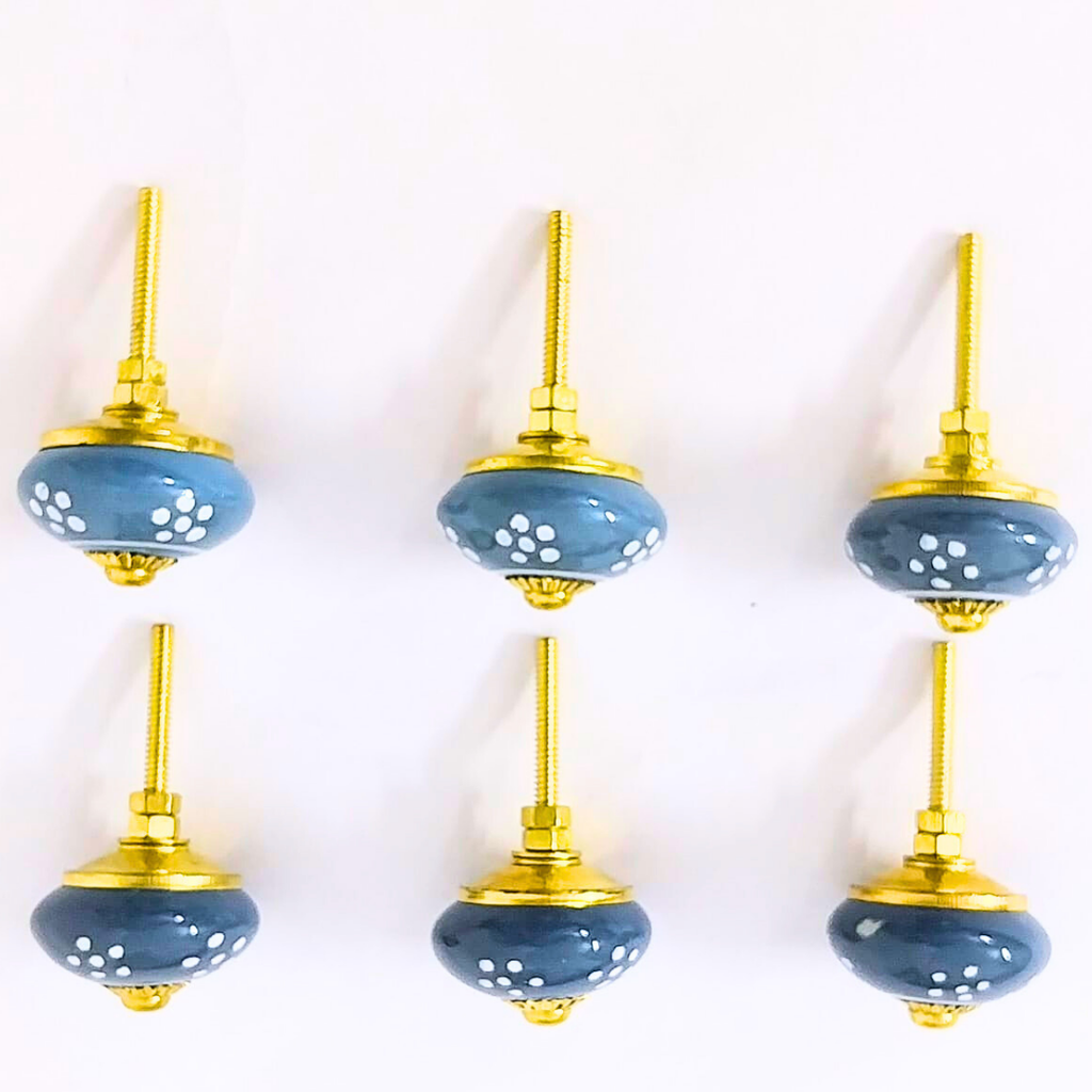 Decorative Ceramic Drawer Knobs, Blue with White Dots and Gold Hardware | Set of 6 Handcrafted Cabinet Pulls for Drawers, Cupboards & Wardrobes