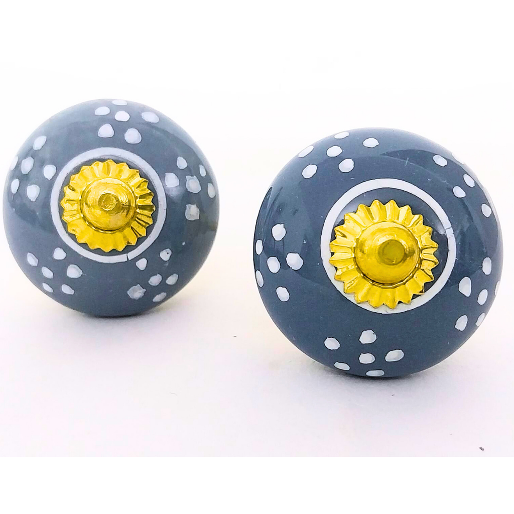 Decorative Ceramic Drawer Knobs, Blue with White Dots and Gold Hardware | Set of 6 Handcrafted Cabinet Pulls for Drawers, Cupboards & Wardrobes