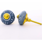 Decorative Ceramic Drawer Knobs, Blue with White Dots and Gold Hardware | Set of 6 Handcrafted Cabinet Pulls for Drawers, Cupboards & Wardrobes