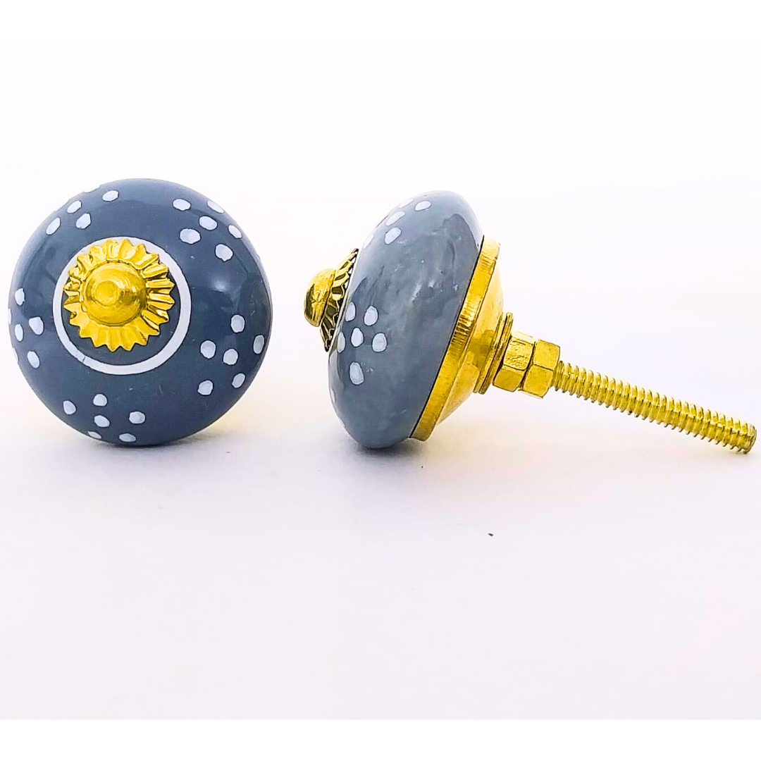 Decorative Ceramic Drawer Knobs, Blue with White Dots and Gold Hardware | Set of 6 Handcrafted Cabinet Pulls for Drawers, Cupboards & Wardrobes