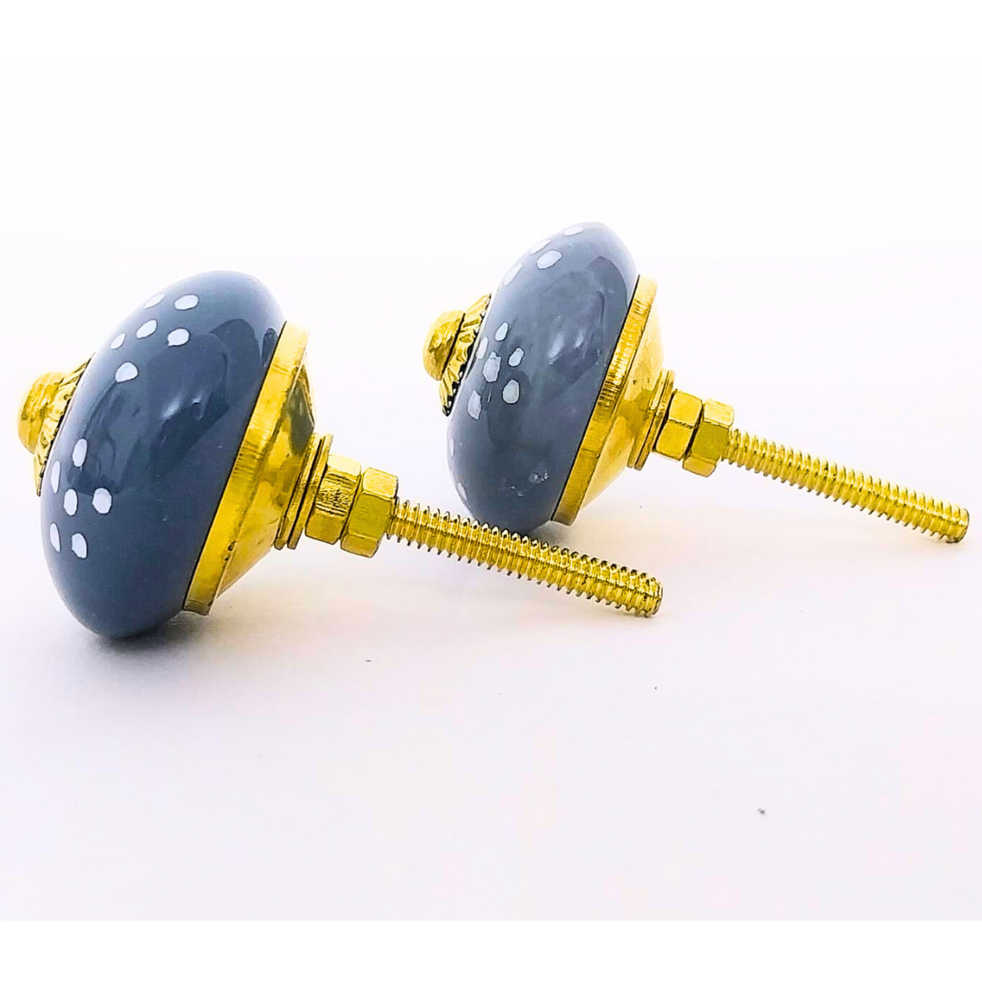 Decorative Ceramic Drawer Knobs, Blue with White Dots and Gold Hardware | Set of 6 Handcrafted Cabinet Pulls for Drawers, Cupboards & Wardrobes