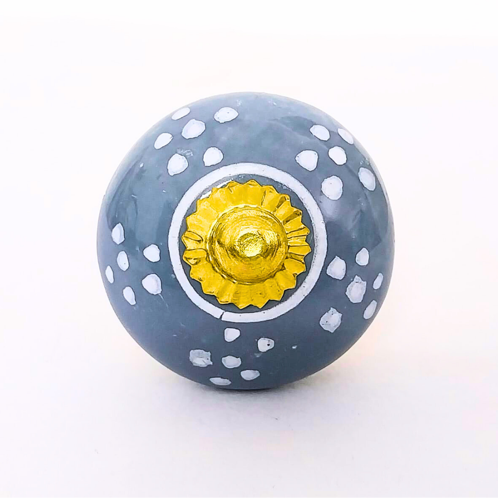 Decorative Ceramic Drawer Knobs, Blue with White Dots and Gold Hardware | Set of 6 Handcrafted Cabinet Pulls for Drawers, Cupboards & Wardrobes