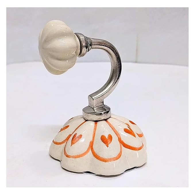 Ceramic Flower Wall Hooks | White with Orange Pattern | Small Multicolor Handcrafted Hooks with Steel Base | Decorative Wall Mount for Keys, Coats, Towels & Home Décor