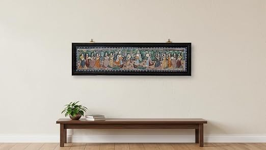 Traditional Indian Miniature Painting Wall Art | Long Horizontal Framed Cultural Artwork | Handmade Indian Heritage Home Décor for Living Room Hallway