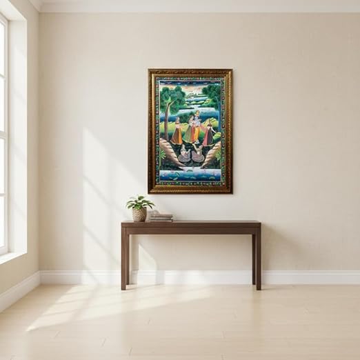 ALLY CRAFTS Traditional Indian Radha Krishna Wall Painting | Classic Framed Vertical Artwork | Handmade Indian Heritage Spiritual Home Décor