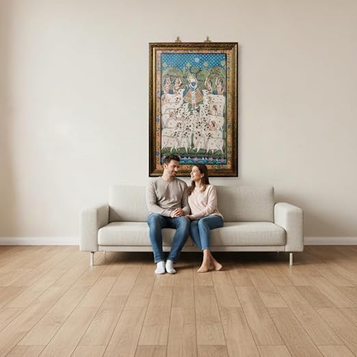 ALLY CRAFTS Traditional Indian Spiritual Wall Painting with Cow Motif | Classic Framed Vertical Artwork | Handmade Indian Heritage Home & Prayer Room Décor