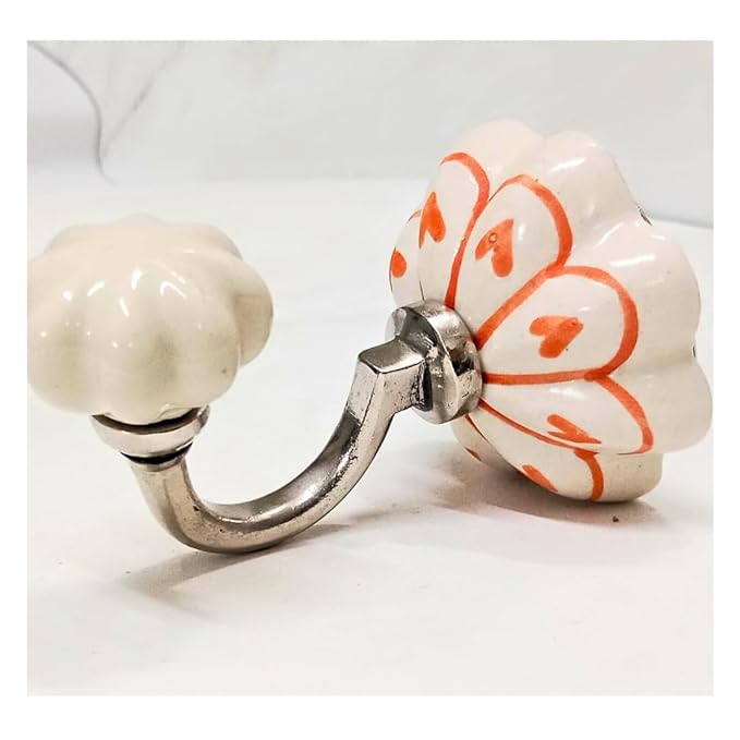 Ceramic Flower Wall Hooks | White with Orange Pattern | Small Multicolor Handcrafted Hooks with Steel Base | Decorative Wall Mount for Keys, Coats, Towels & Home Décor