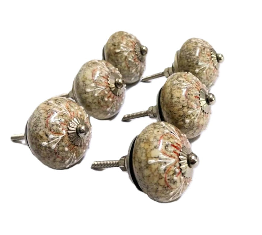 Decorative Ceramic Drawer Knobs, Speckled Beige with Coral Pattern, Set of 6