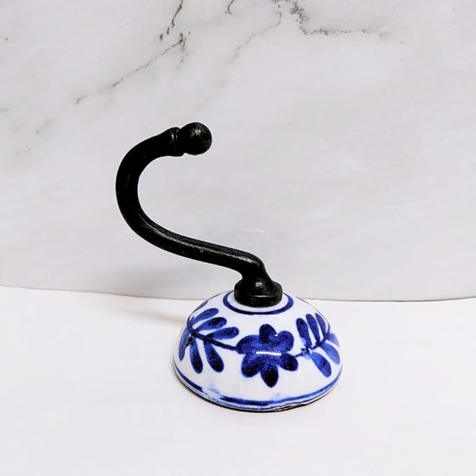 Ceramic Wall Hanger with Blue Floral Design, White and Blue, Set of 3