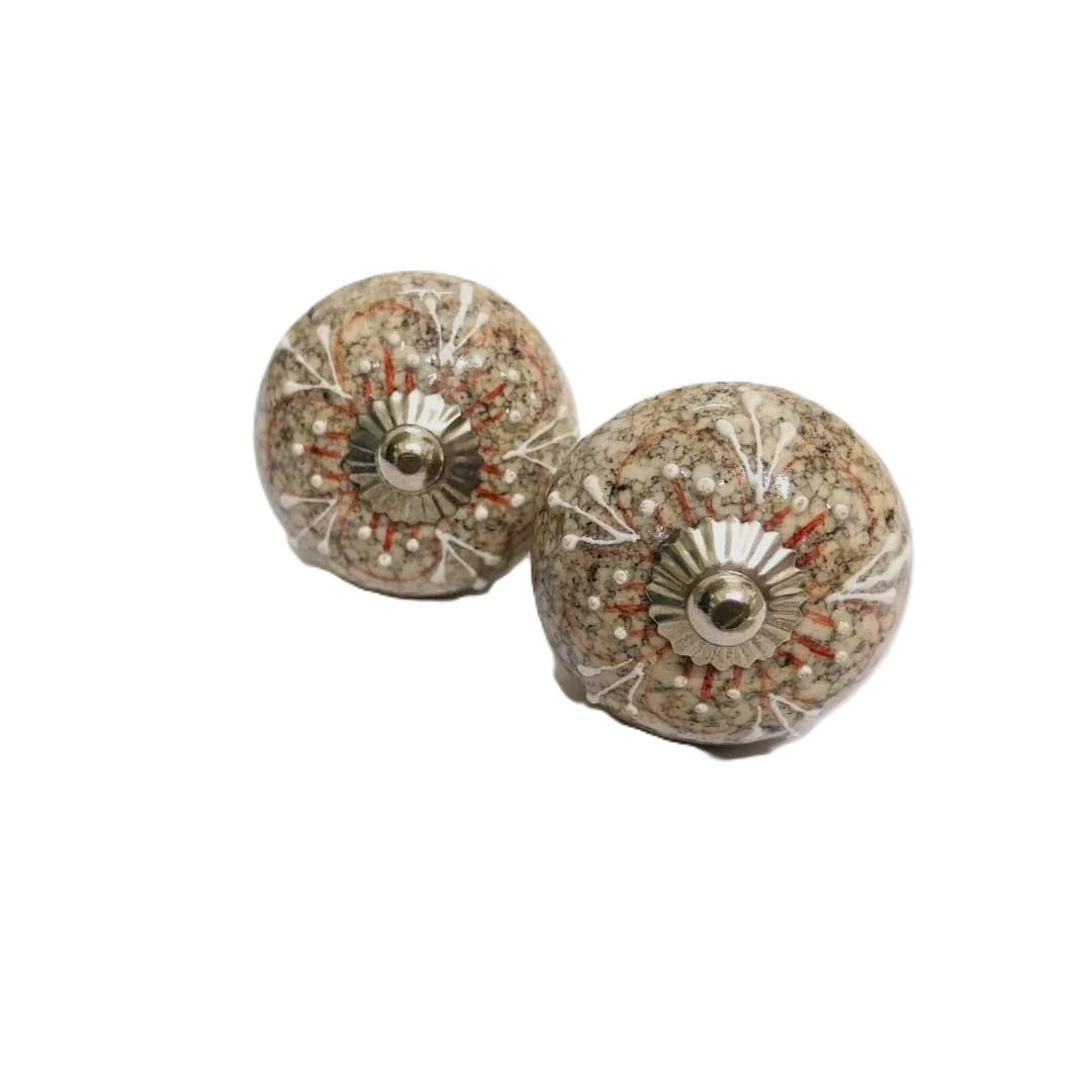 Decorative Ceramic Drawer Knobs, Speckled Beige with Coral Pattern, Set of 6