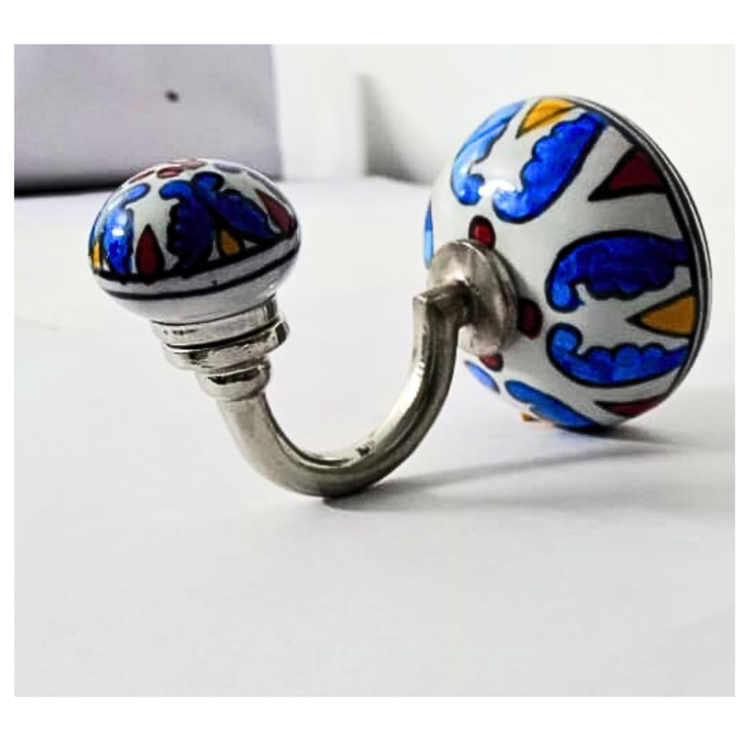 Decorative Ceramic Wall Hooks Set of 3 | Hand-Painted Floral Design, White and Multicolour | Small Handcrafted Wall Hangers for Keys, Coats, Towels & Home Décor