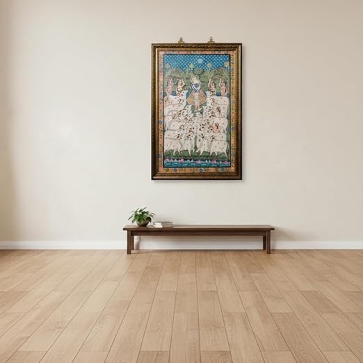 ALLY CRAFTS Traditional Indian Spiritual Wall Painting with Cow Motif | Classic Framed Vertical Artwork | Handmade Indian Heritage Home & Prayer Room Décor