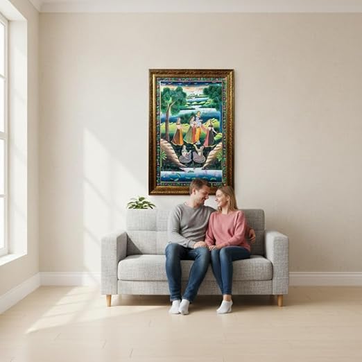 ALLY CRAFTS Traditional Indian Radha Krishna Wall Painting | Classic Framed Vertical Artwork | Handmade Indian Heritage Spiritual Home Décor