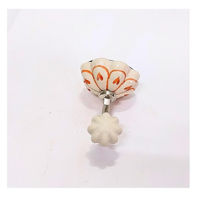 Ceramic Flower Wall Hooks | White with Orange Pattern | Small Multicolor Handcrafted Hooks with Steel Base | Decorative Wall Mount for Keys, Coats, Towels & Home Décor