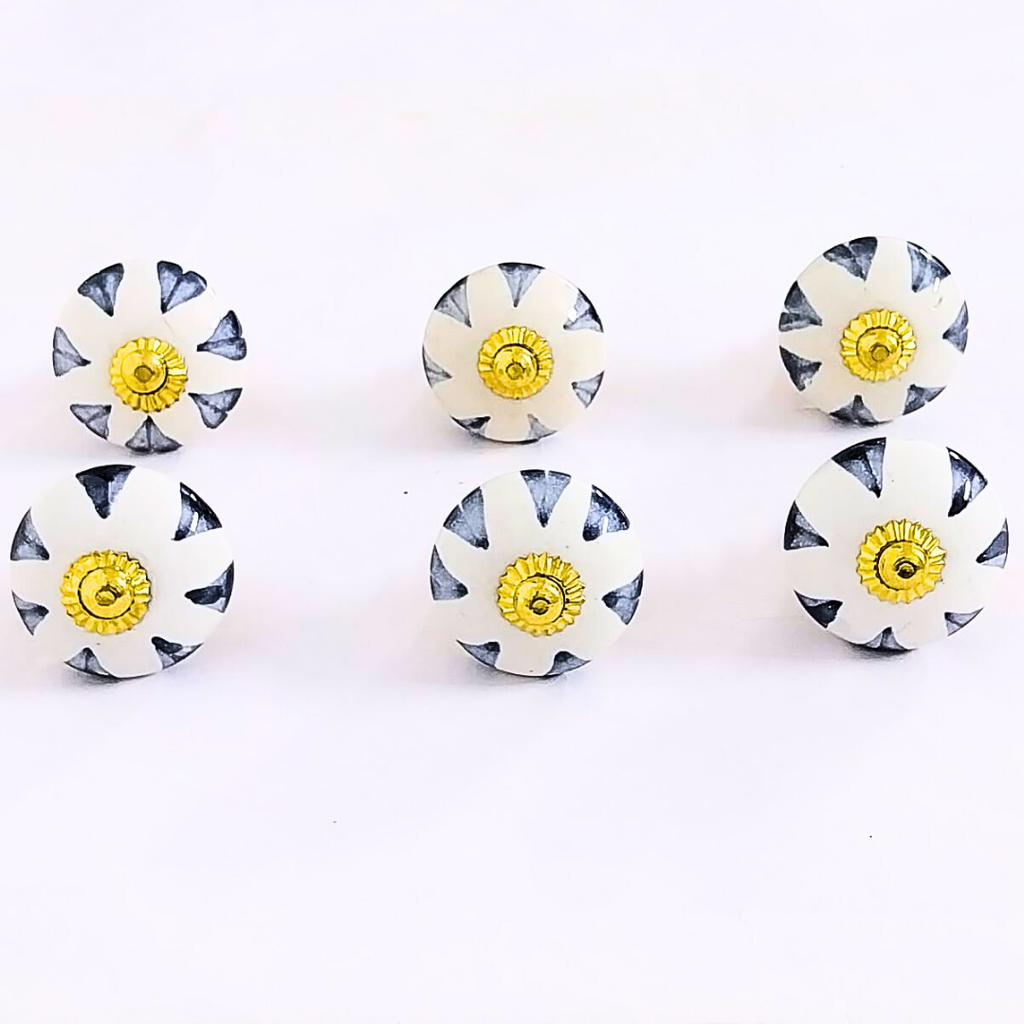 Decorative Ceramic Knobs, White with Navy Pattern and Gold Accents | Set of 6 Handcrafted Cabinet Door Pulls for Drawers, Wardrobes & Cupboards