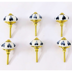 Decorative Ceramic Knobs, White with Navy Pattern and Gold Accents | Set of 6 Handcrafted Cabinet Door Pulls for Drawers, Wardrobes & Cupboards