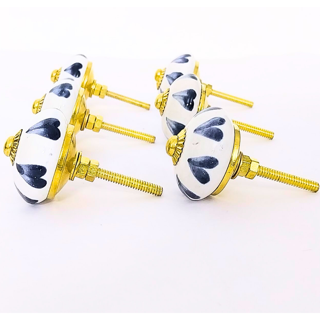 Decorative Ceramic Knobs, White with Navy Pattern and Gold Accents | Set of 6 Handcrafted Cabinet Door Pulls for Drawers, Wardrobes & Cupboards