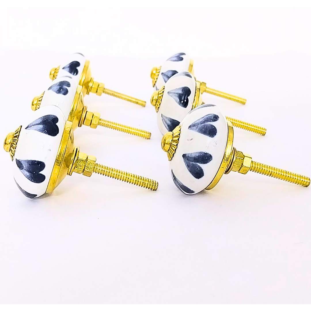 Decorative Ceramic Knobs, White with Navy Pattern and Gold Accents | Set of 6 Handcrafted Cabinet Door Pulls for Drawers, Wardrobes & Cupboards