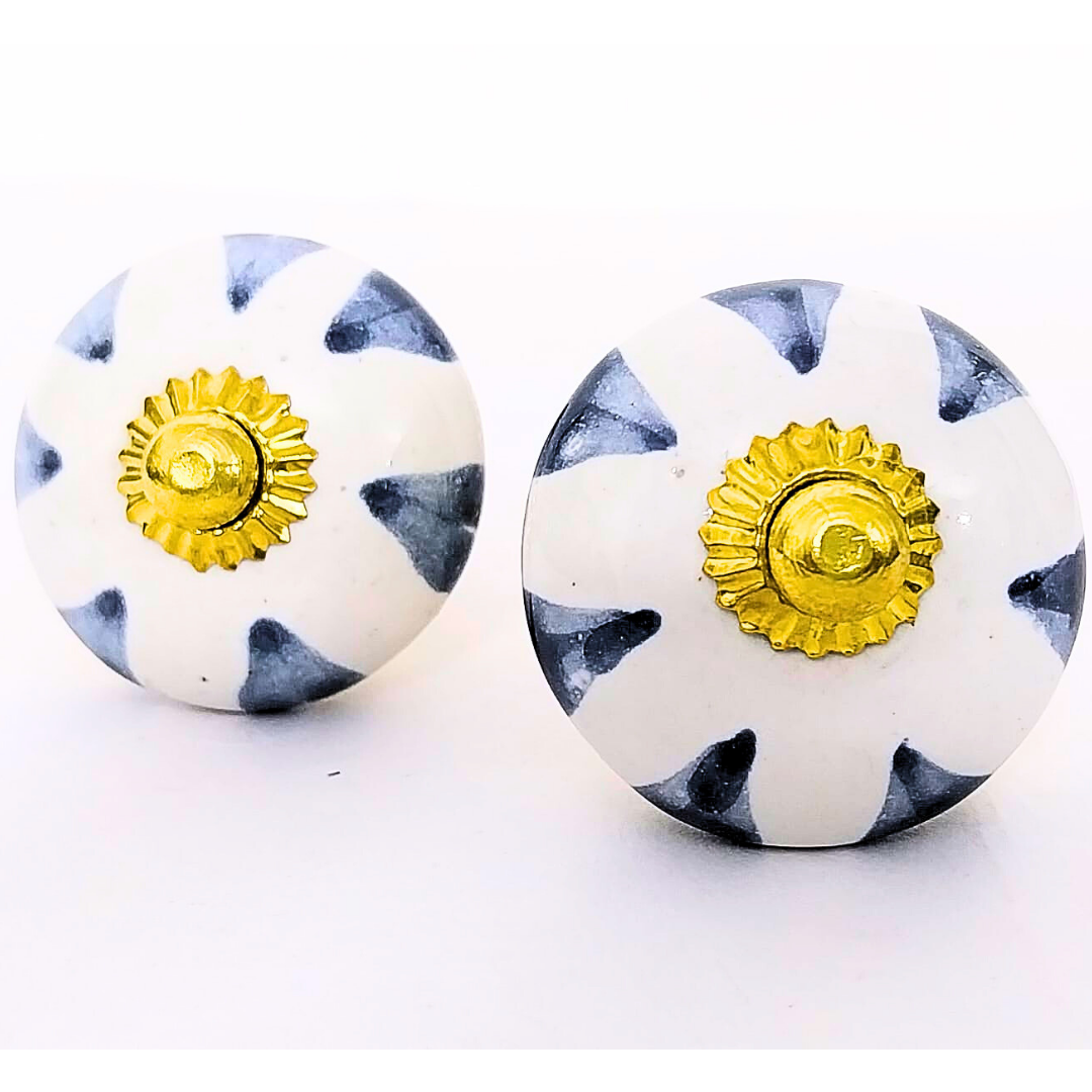 Decorative Ceramic Knobs, White with Navy Pattern and Gold Accents | Set of 6 Handcrafted Cabinet Door Pulls for Drawers, Wardrobes & Cupboards