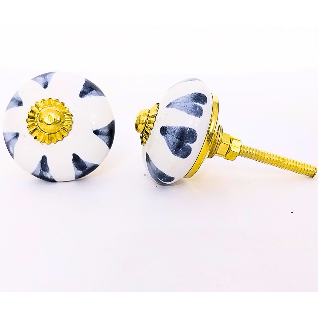 Decorative Ceramic Knobs, White with Navy Pattern and Gold Accents | Set of 6 Handcrafted Cabinet Door Pulls for Drawers, Wardrobes & Cupboards