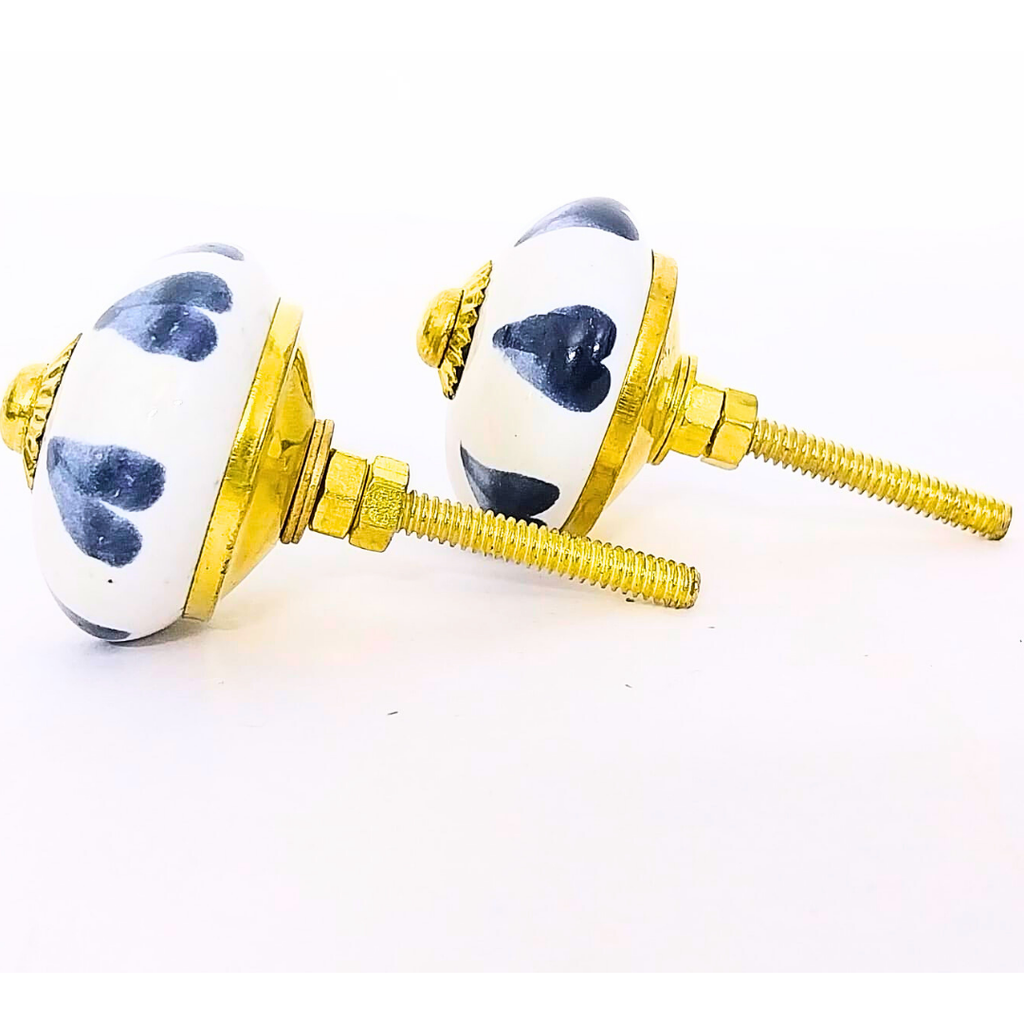 Decorative Ceramic Knobs, White with Navy Pattern and Gold Accents | Set of 6 Handcrafted Cabinet Door Pulls for Drawers, Wardrobes & Cupboards