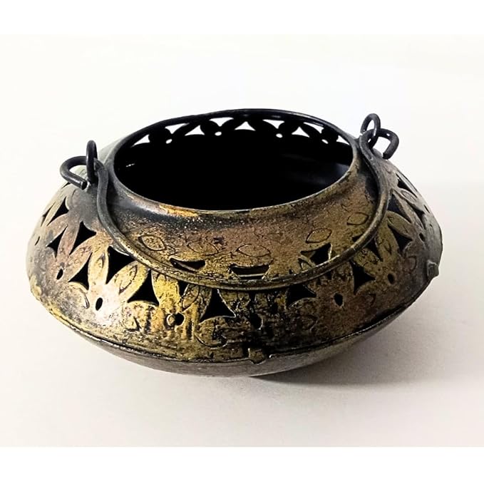 Antique Brass Decorative Bowl Candle Holder | Rustic Cutwork Metal Décor for Aesthetic Home & Festive Styling
