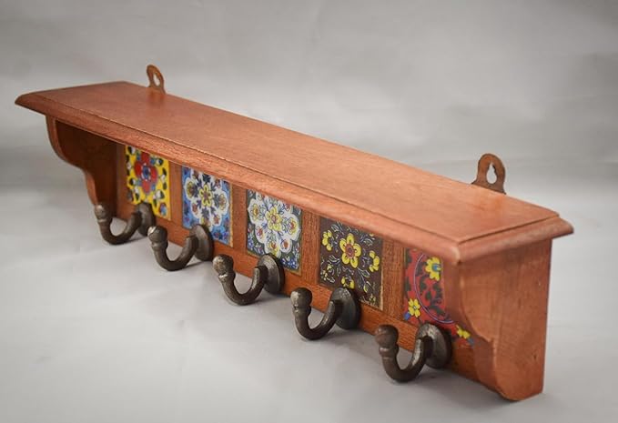 Hand-Painted Ceramic Wall Hooks with Wooden Base | 5-Hook Stylish & Durable Wall Mount for Clothes, Bags & Accessories | Handcrafted Decorative Wall Hanger