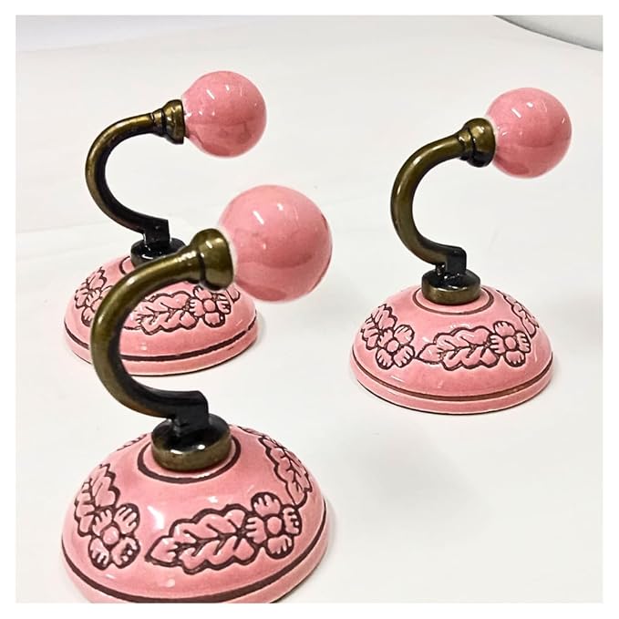 Vintage Floral Wall Hooks Set of 3 | Pink Ceramic with Bronze Finish | Small Handcrafted Decorative Curved Wall Hangers for Keys, Coats, Towels & Home Décor