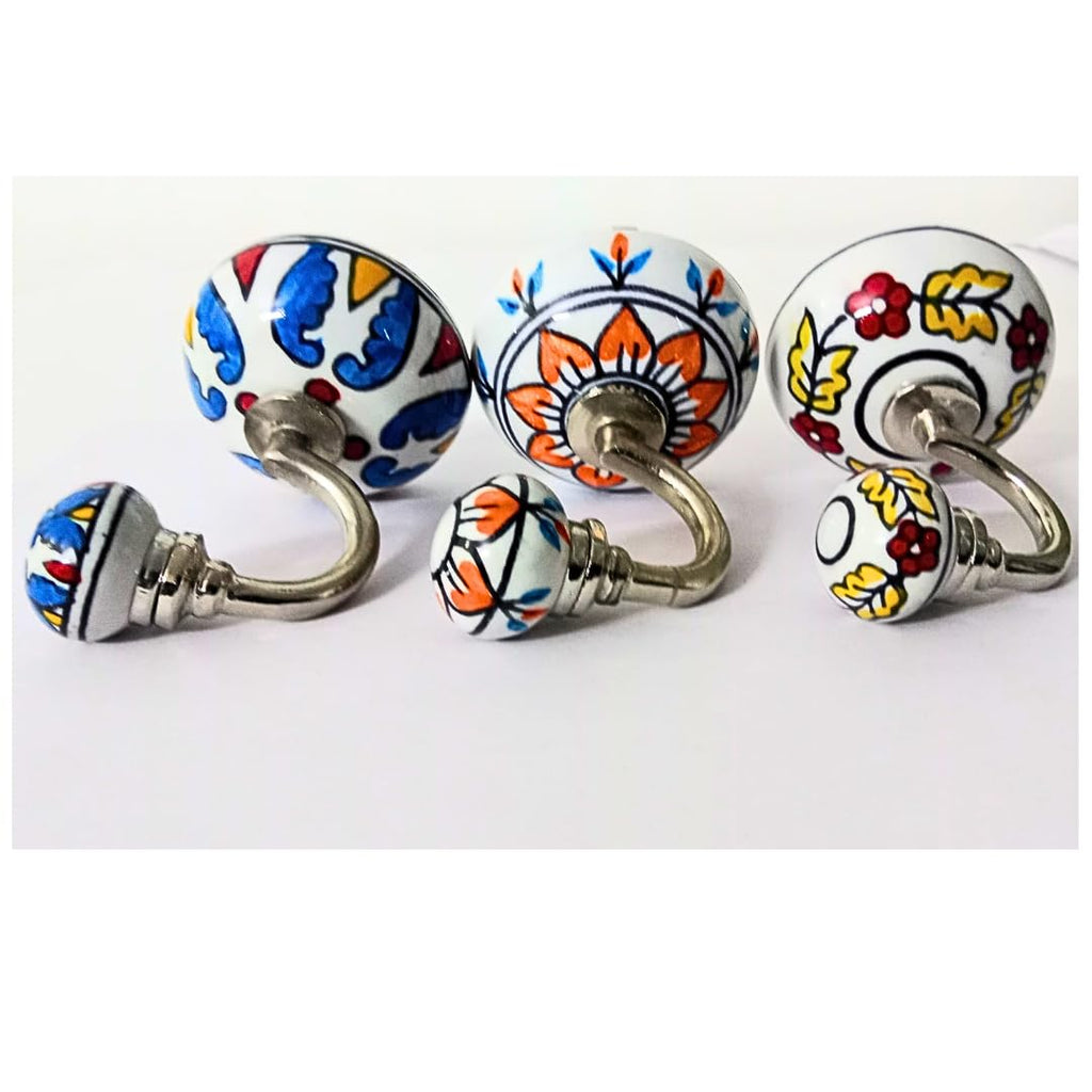 Decorative Ceramic Wall Hooks Set of 3 | Hand-Painted Floral Design, White and Multicolour | Small Handcrafted Wall Hangers for Keys, Coats, Towels & Home Décor