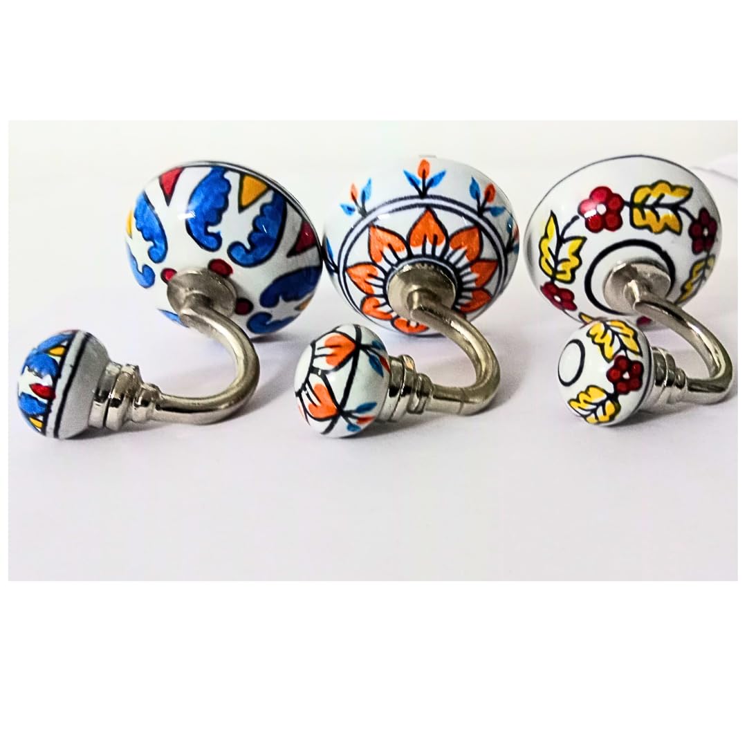 Decorative Ceramic Wall Hooks Set of 3 | Hand-Painted Floral Design, White and Multicolour | Small Handcrafted Wall Hangers for Keys, Coats, Towels & Home Décor