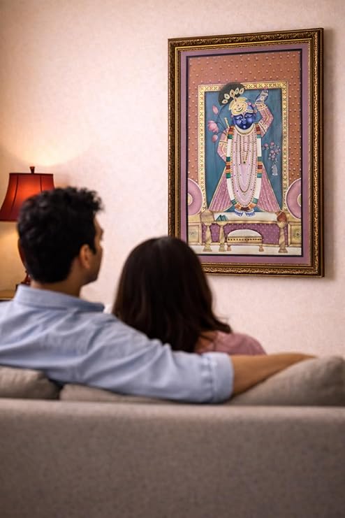 Traditional Indian Spiritual Wall Painting | Classic Framed Vertical Artwork | Devotional Home & Prayer Room Décor