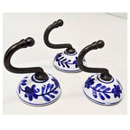 Ceramic Wall Hanger with Blue Floral Design, White and Blue, Set of 3